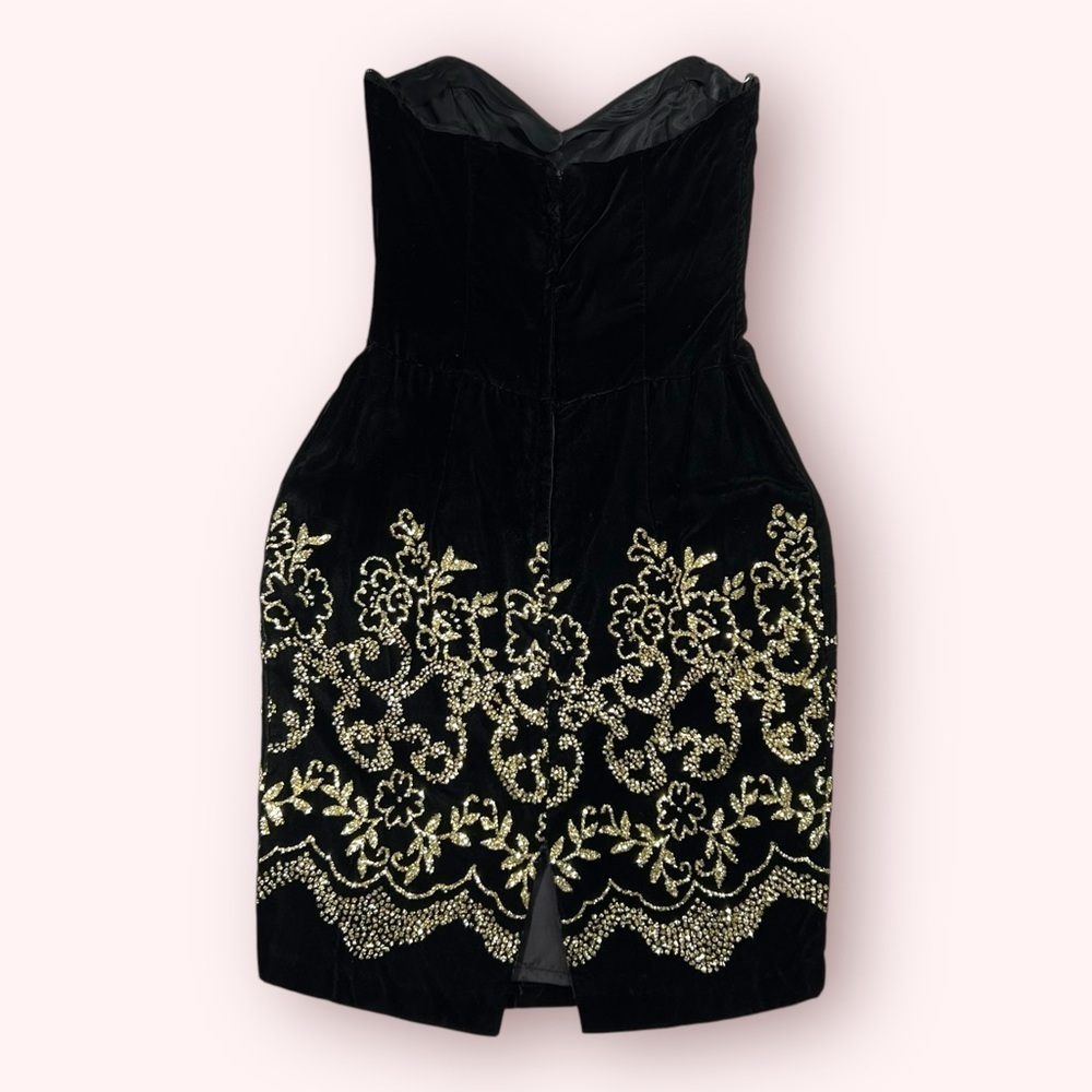Jessica McClintock GUNNE SAX Vintage Black Velvet Gold Glitter Strapless Dress - Picture 3 of 8